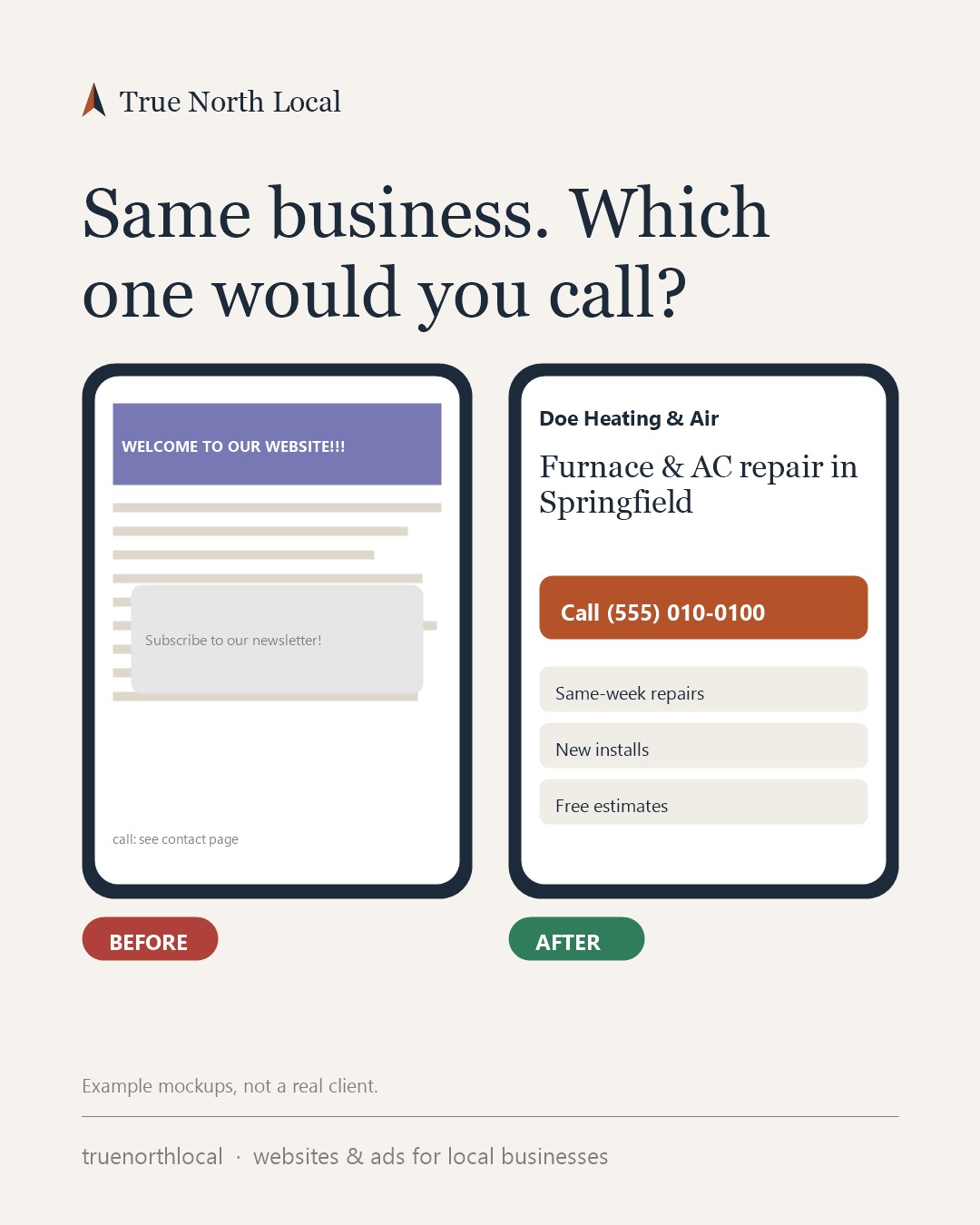 Example post: the same business website before and after
